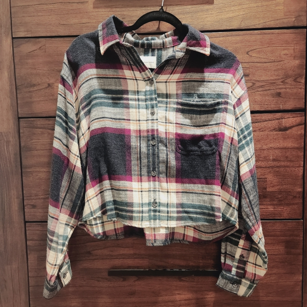 American Eagle - Cropped Multi-color Flannel - Size Medium